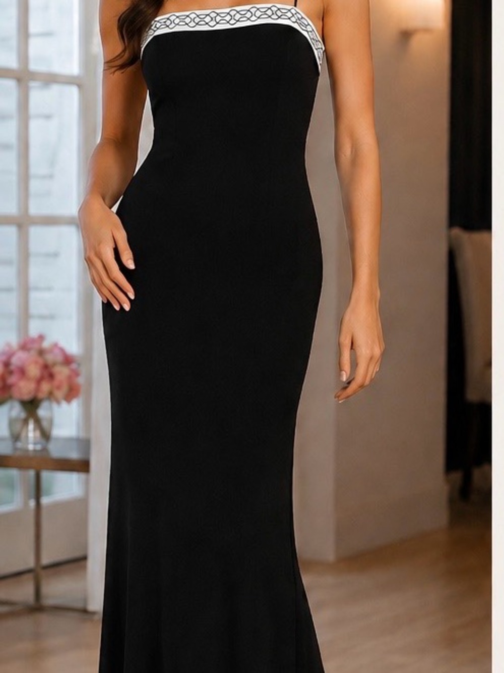 Papell Boutique Strapless Black Gown with White Accent - Picture 1 of 11